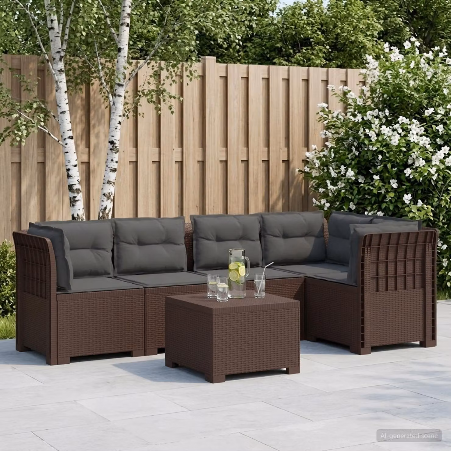 Set da giardino vidaXL in stile rattan moderno con cuscini, composto da divano angolare, divani da esterno e tavolino da caffè, colore marrone e antracite