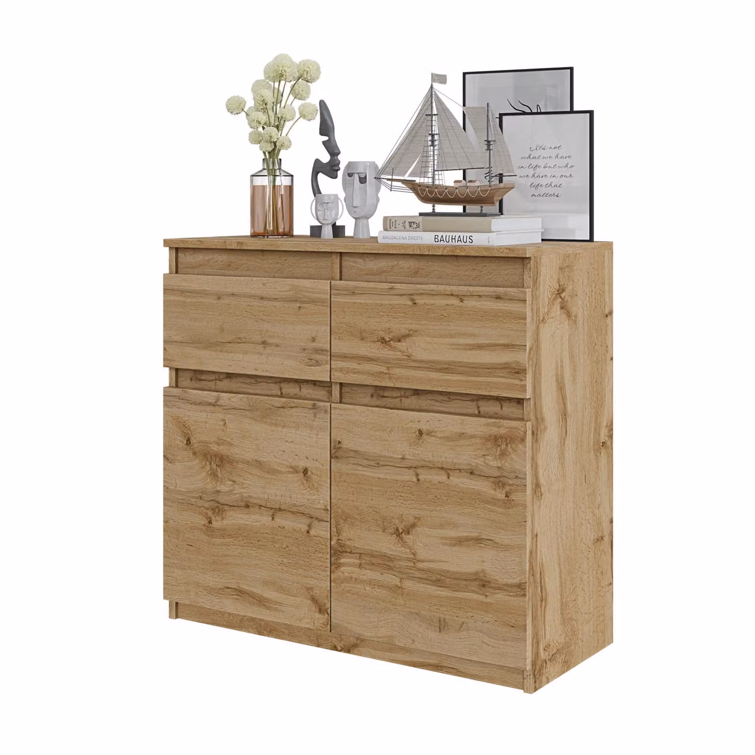 Cassettiera Noah – Rovere Wotan, 2 cassetti, 2 ante, 2 ripiani, 80 cm – Credenza per il soggiorno