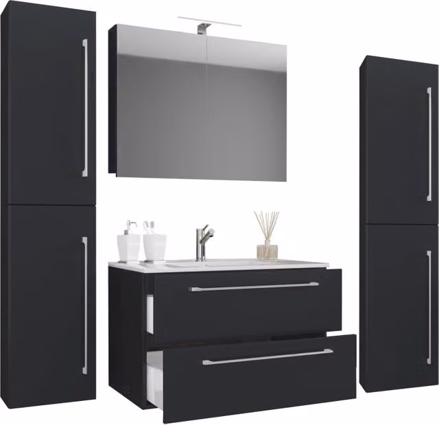Set bagno completo 5 pezzi EZOOZA nero opaco con mobile sospeso a 2 cassetti, lavabo in ceramica, 2 colonne e mobile specchio con illuminazione LED