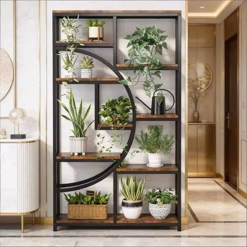 Libreria geometrica industriale WISHDOR con 9 ripiani aperti in metallo e legno, colore nero e marrone