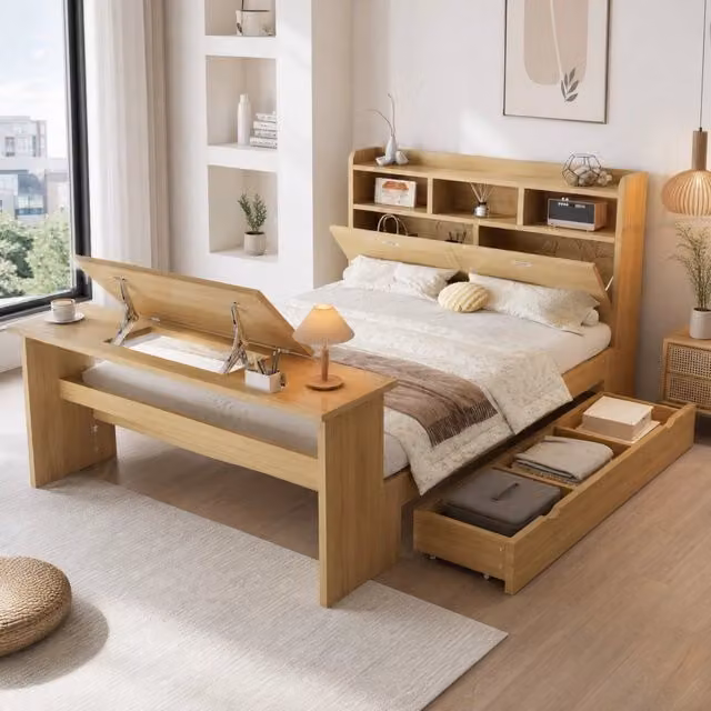 Letto 140x200 cm con cassetto, ripiano testiera e tavolo pieghevole in legno naturale HAVRYA