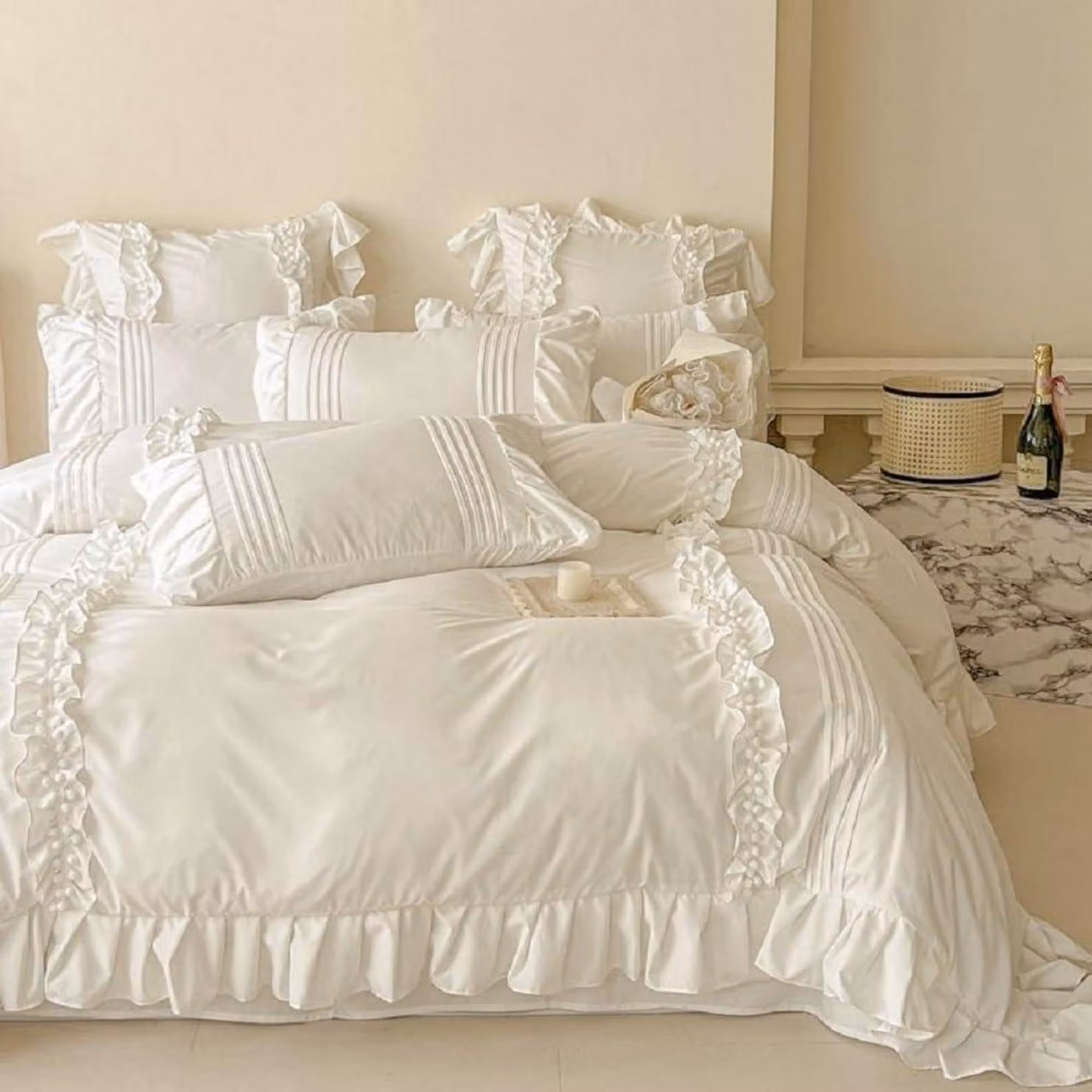 Set di lenzuola con volant, 200x220 cm, bianco, 3 pezzi, in microfibra,  ÖKO-TEX