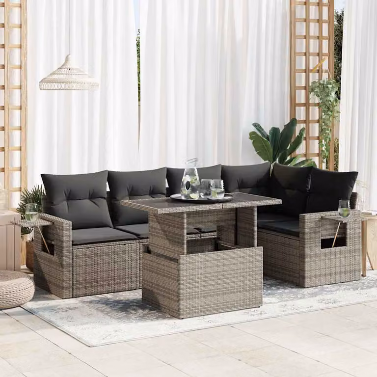 Set Divano da Giardino vidaXL 6 pz a Forma di L con Cuscini Grigio in Polyrattan e Tavolino da Esterno