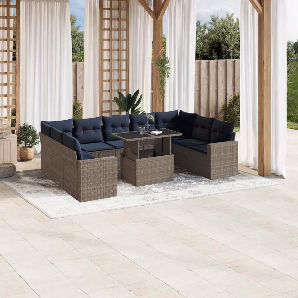 Set di divani da giardino vidaXL in polyrattan a forma di U con cuscini e tavolino da esterno, 10 pezzi, grigio e blu