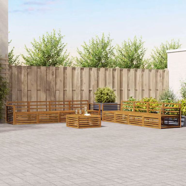 vidaXL Set di divani da esterno a forma di U composto da 9 pezzi in legno di acacia massello marrone con cuscini inclusi