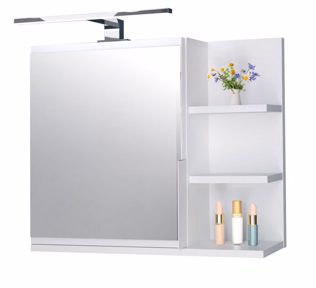 Armadio a specchio 60x50 bianco, mobile bagno con mensole, specchio bagno, pensile LED LAMPE - destra.