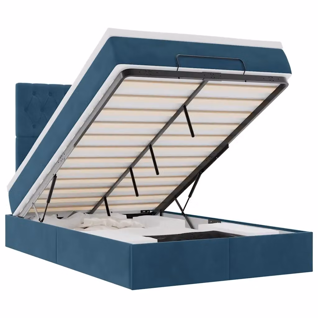 Letto con contenitore a sollevamento vidaXL in velluto blu e bianco con materasso L: 120 cm, P: 200 cm – 2