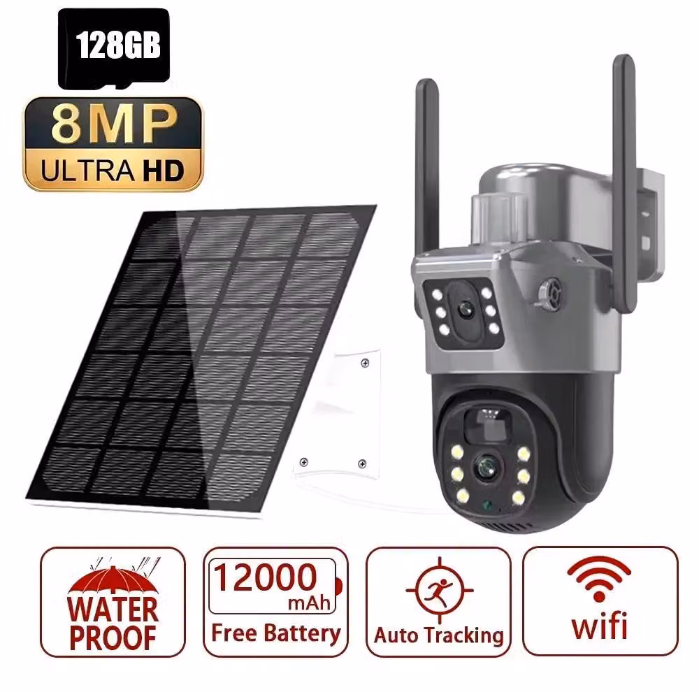 Telecamera di sorveglianza solare - Telecamera IP PTZ Wi-Fi 4K 8MP - Doppio obiettivo, rotazione a 270° - Rilevamento persone tramite PIR e tracciamento - Resistente agli agenti atmosferici (IP66) - Include scheda TF/microSD da 128 GB - Spina di alimentaz