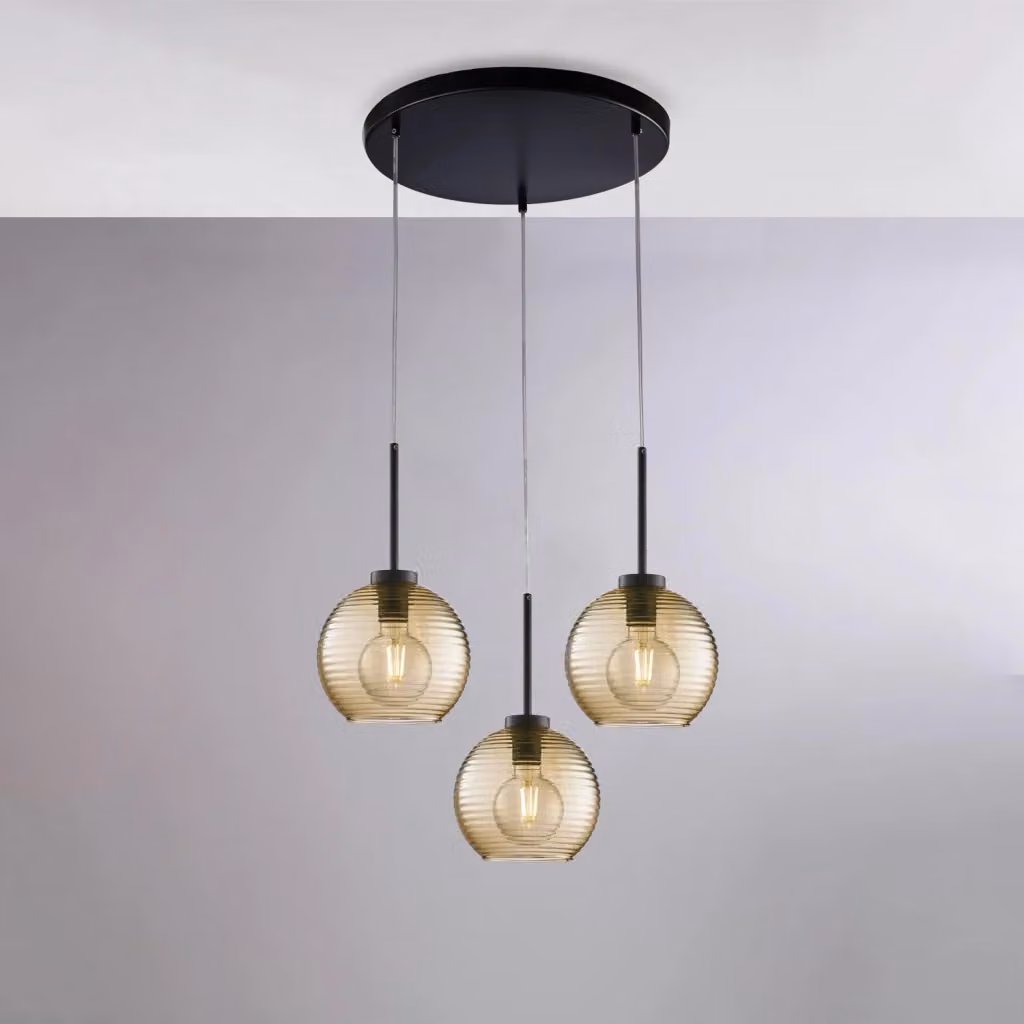 Lampada a sospensione moderna Ankara BELIGHT con 3 luci in vetro soffiato ambra e metallo nero – 2