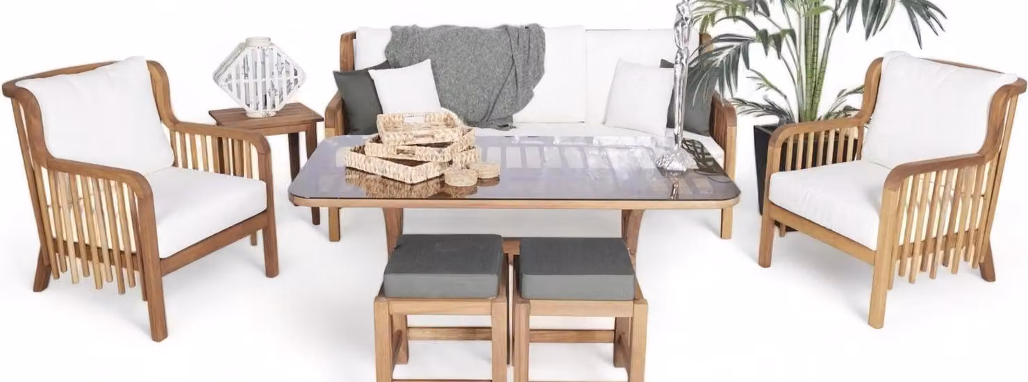 Moderner Gartenmöbel 6tlg Sofagarnitur 3+1+1 Sitzer 2x Hocker Holz Esstisch
