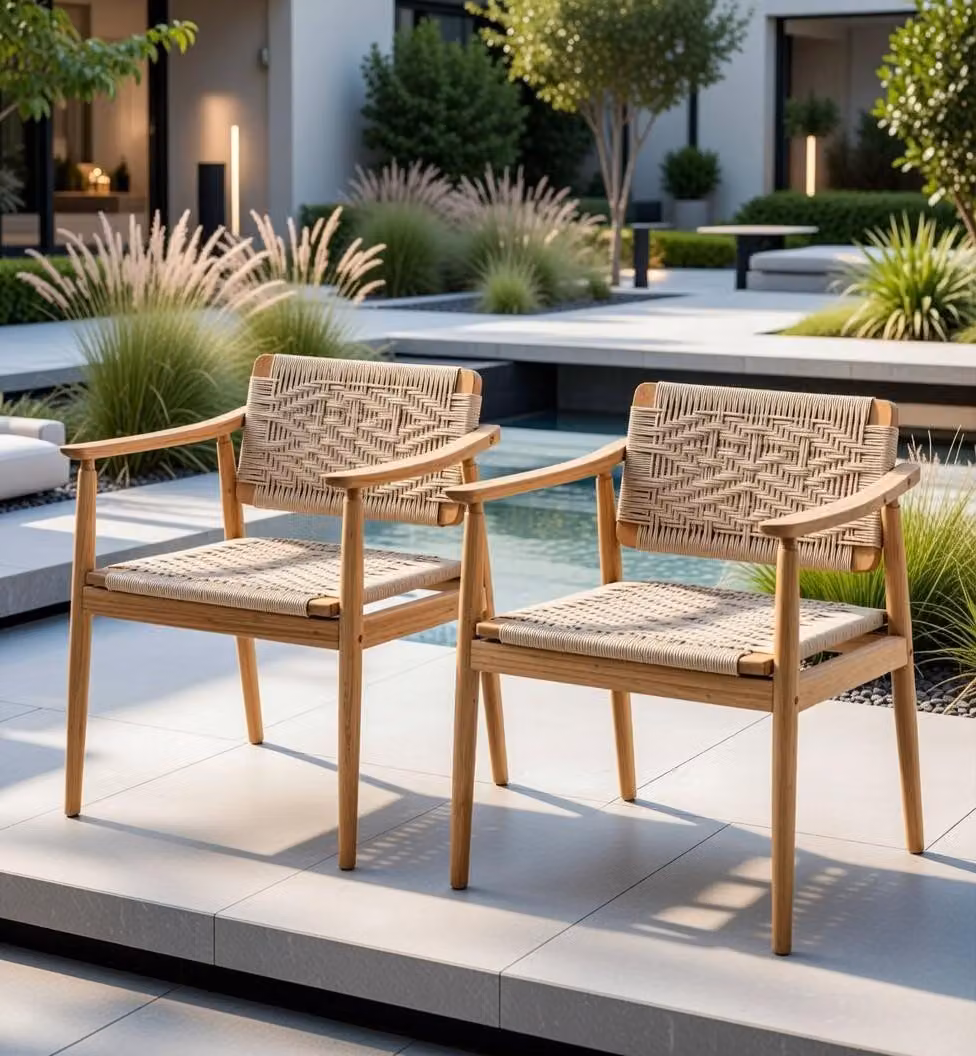 Elegante sedia da giardino in legno con comoda seduta color beige