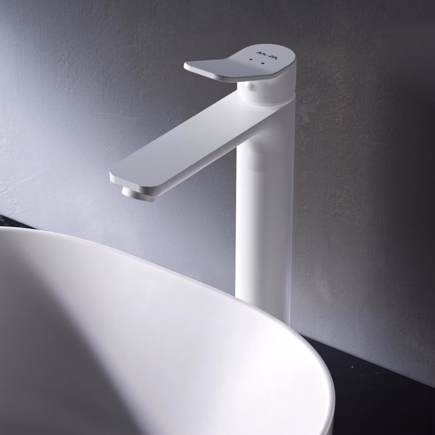 Miscelatore per lavabo, finitura bianco opaco, monocomando, con bocchetta alta da 231 mm