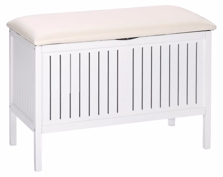 Panca da bagno Oslo, realizzata in legno massello, colore bianco, dimensioni 79x55x39 cm