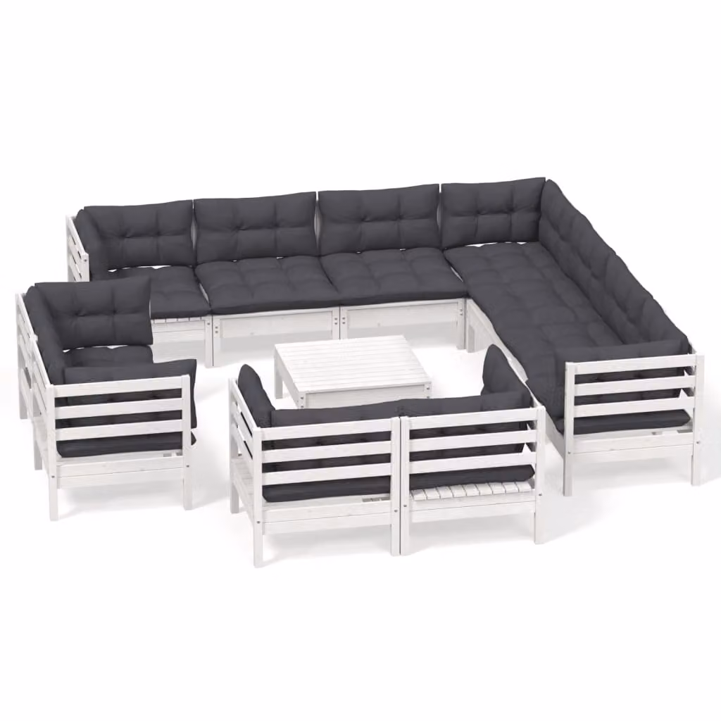 Set Divani da Giardino 12 pz con Cuscini Bianchi Legno di Pino