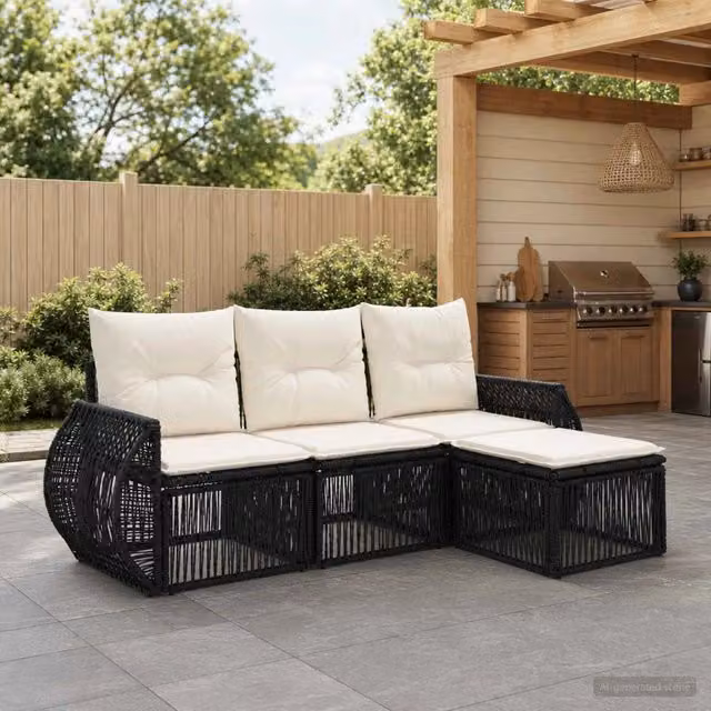 Set Divano da Giardino 4 pz Nero e Bianco Crema polyrattan 3435397