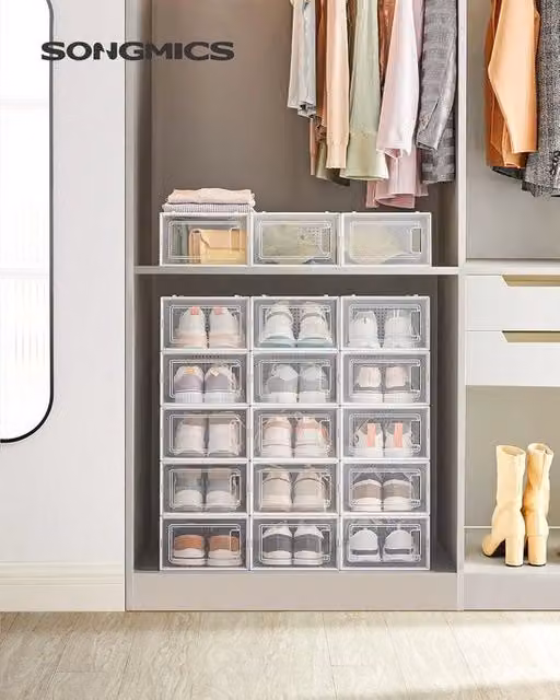 Set di 18 scatole per scarpe - Opvougbile e stivabile - Bianco trasparente - Fino a numero 42
