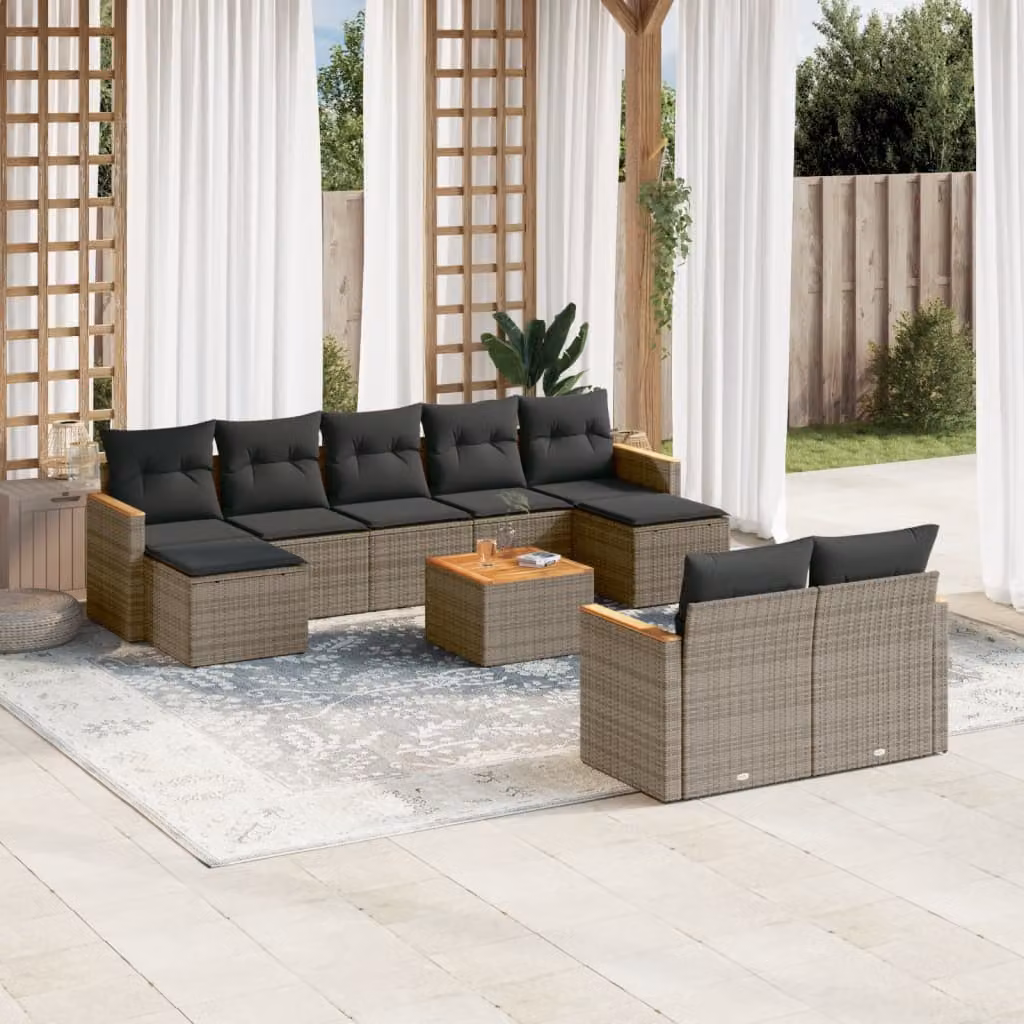 Set Divano da Giardino vidaXL 10 pz a forma a U in Polyrattan Grigio con Cuscini e Tavolino – 1