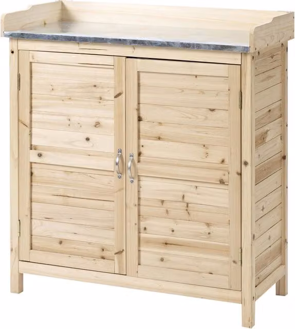 Armadio da giardino Komhtom in legno di abete con tavolo per piante e 2 mensole, colore marrone e beige, L/P/H: 92 x 83 x 40 cm – 1