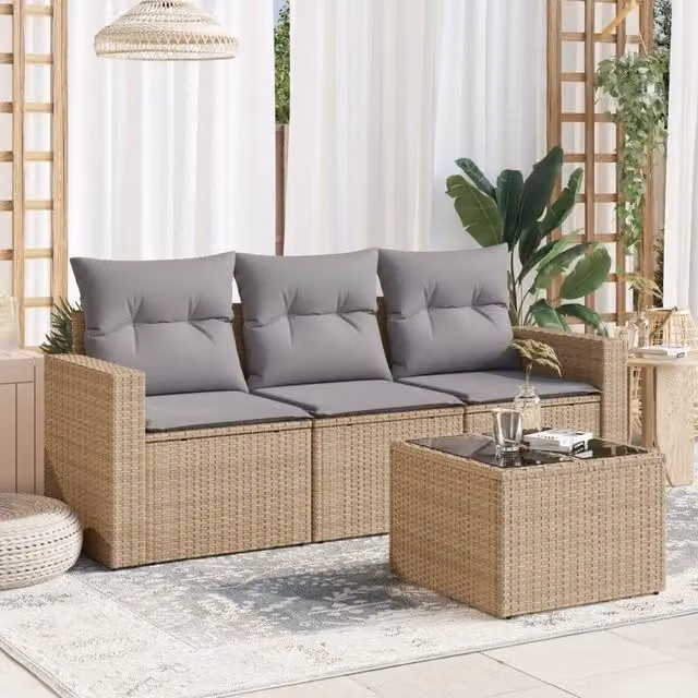 Set Divano da Giardino 4 pz con Cuscini Beige in Polyrattan 3251006