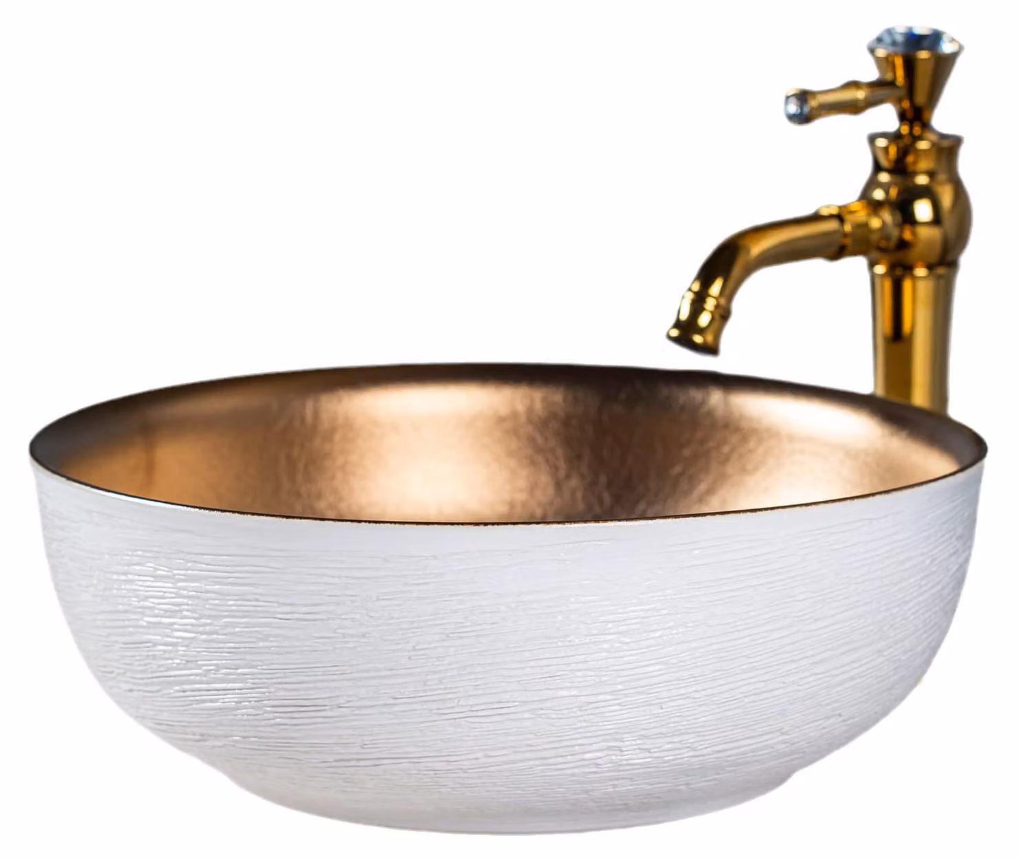 Lavabo da appoggio in Vetroceramica, rotondo, bianco e oro, diametro 41,5 cm, realizzato a mano