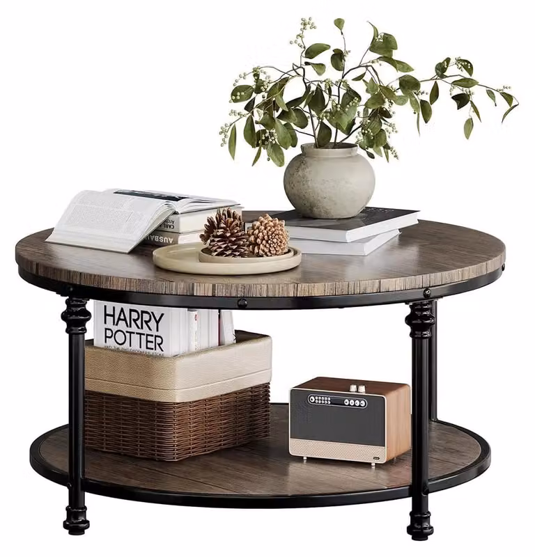 Tavolino rustico per soggiorno, rotondo, a 2 piani, 77,5 cm di altezza, struttura in metallo, ripiano aperto, piano in legno effetto rovere marrone vintage