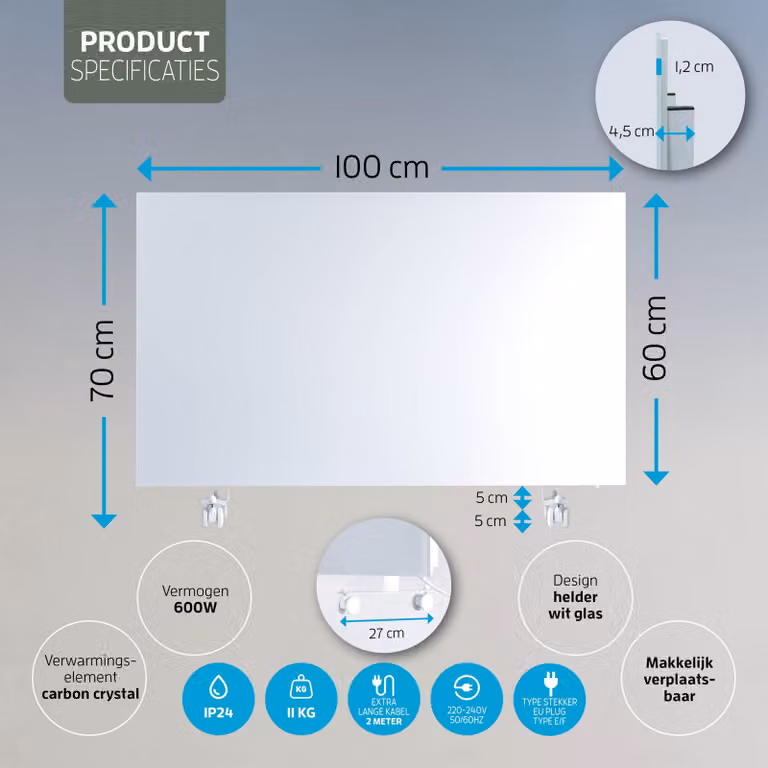 Pannello riscaldante a infrarossi da 600 Watt - 100x60 cm - Vetro bianco - Stufa elettrica
