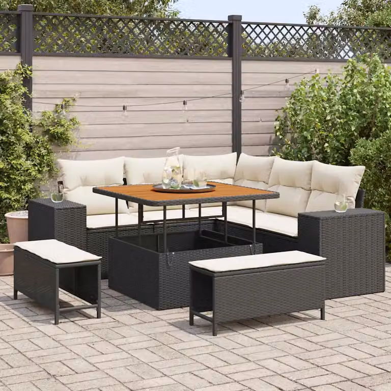 Set Divano da Giardino vidaXL in Polyrattan 8 Pezzi con Cuscini Nero e Beige