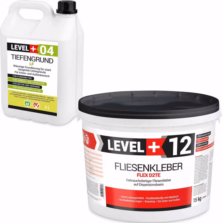 Adesivo flessibile pronto all'uso 15 kg + primer penetrante 5 l, adesivo a dispersione bianco, adesivo per pietra SET207