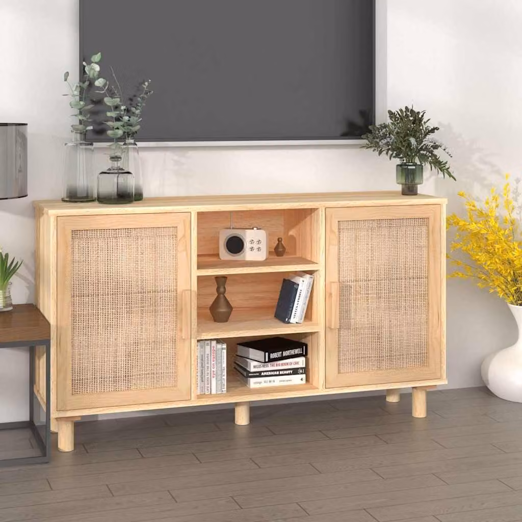 Credenza vidaXL in legno di pino massello e rattan naturale, colore marrone e beige, stile boho, L 105 cm x P 30 cm x H 60 cm