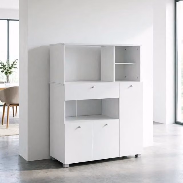 Credenza da cucina con 2 ante, 1 anta, 1 cassetto e 4 vani, in truciolato e alluminio, bianco, 90 × 40 × 120 cm
