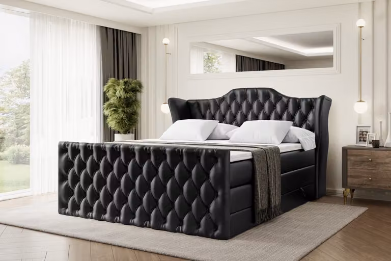 Letto boxspring ALTDECOR con pediera, 2 materassi e topper - 180x200 cm - VILA-Z KING - Pelle finta nera - Letto imbottito con materassi H3 e H4, contenitore e rete a doghe, letto con spazio contenitivo