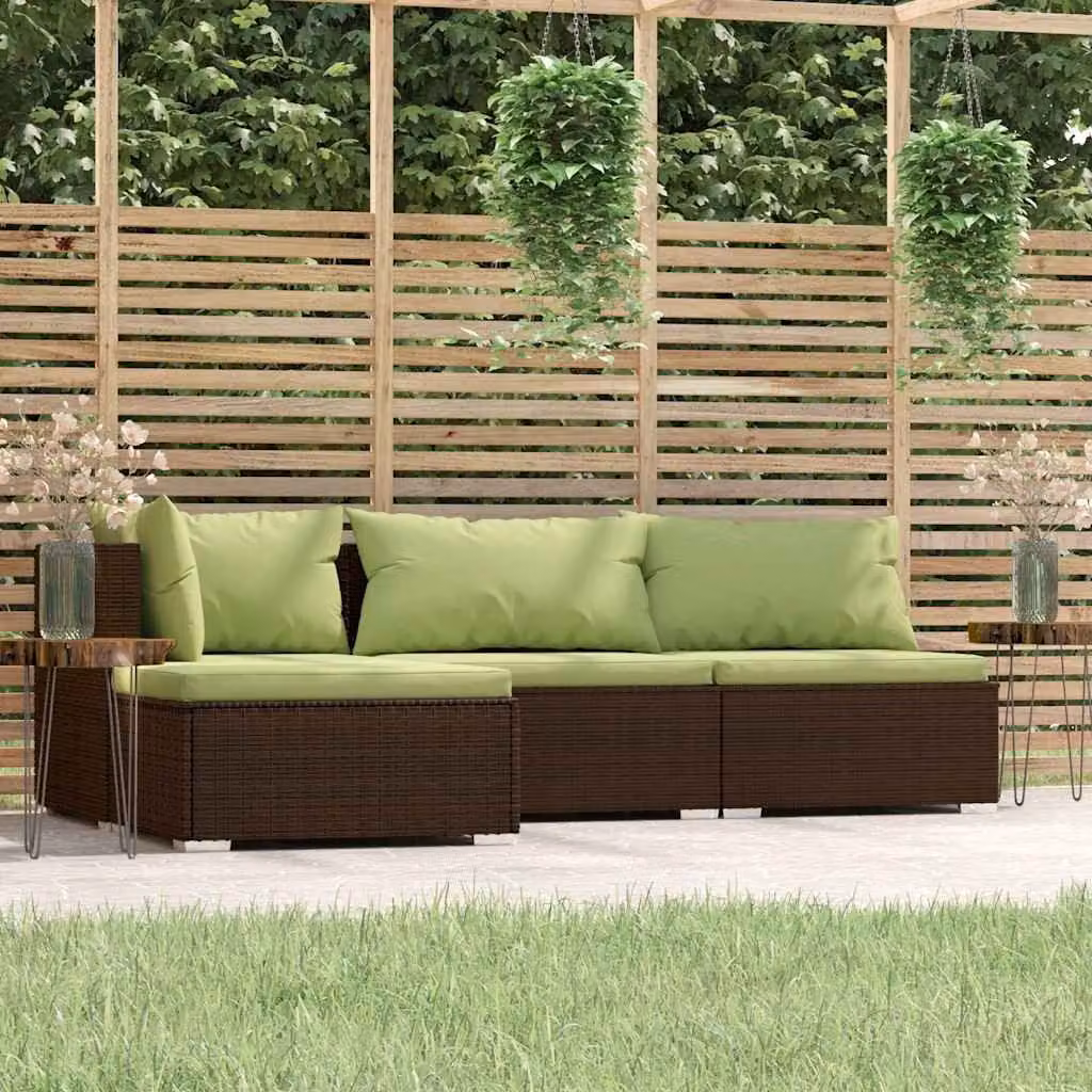 Set Mobili da Giardino vidaXL 4 pz a Forma a L con Cuscini Imbottiti in Polyrattan Marrone e Verde con Struttura in Acciaio e Coperture Rimovibili