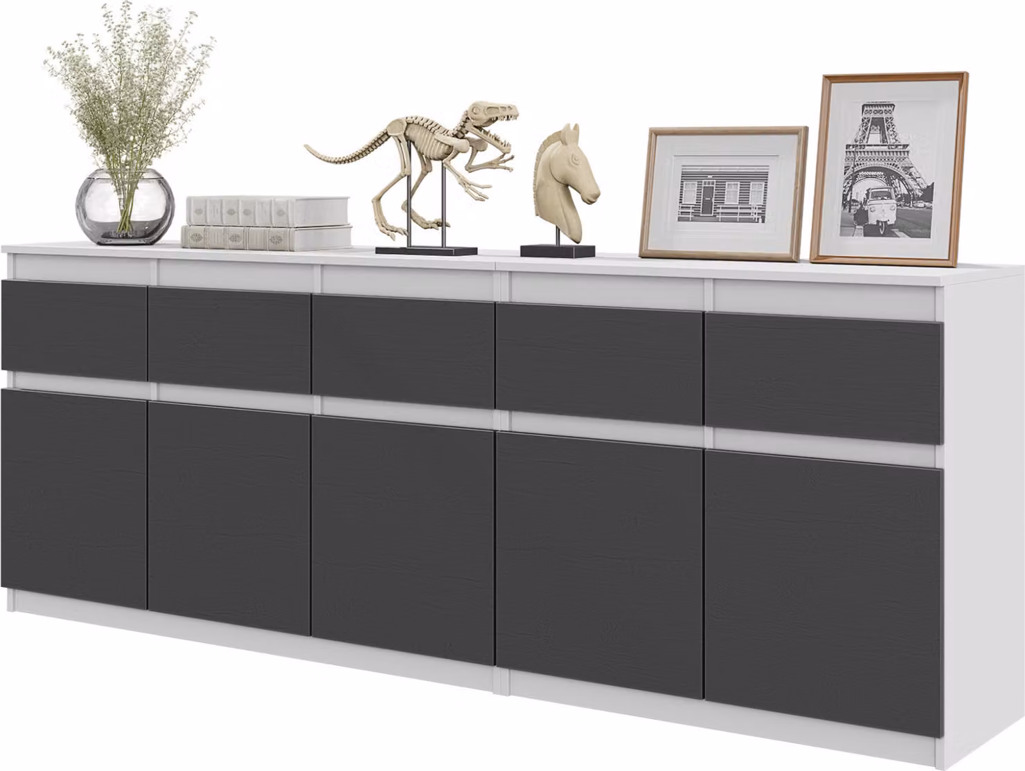 NOAH - Cassettiera con 5 cassetti e 5 ante - Cassettiera per camera da letto - Credenza - Bianco opaco / antracite H75cm L200cm P35cm