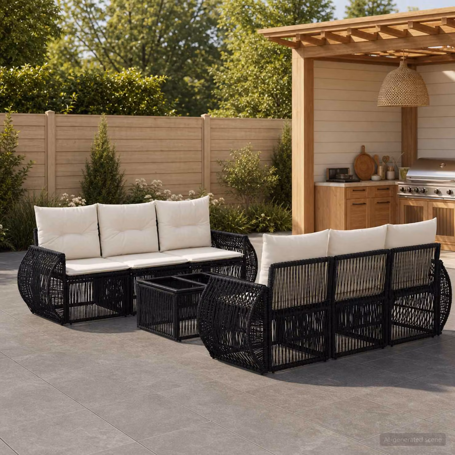 Set Divano da Giardino vidaXL 7 pz Nero con Polyrattan e Cuscini Imbottiti
