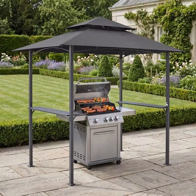 Gazebo per Barbecue Parga en.casa con Tetto Doppio e 2 Ripiani, Grigio Antracite, L 250 cm x P 241 cm x H 151 cm