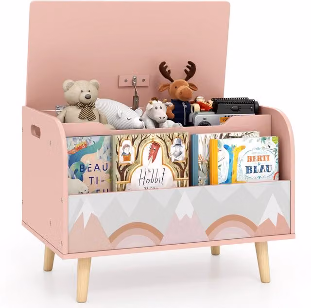 Cassapanca organizer per giocattoli in legno di pino rosa con libreria frontale e coperchio ribaltabile per cameretta o asilo