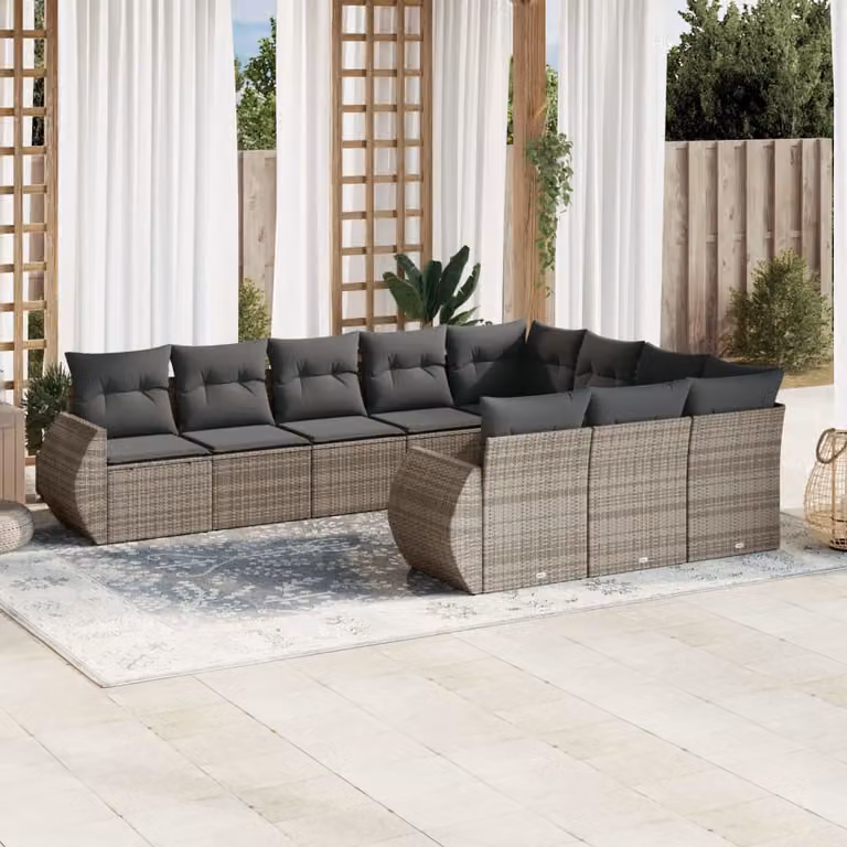 vidaXL Set Divano da Giardino 10 pz in Polyrattan Grigio con Cuscini