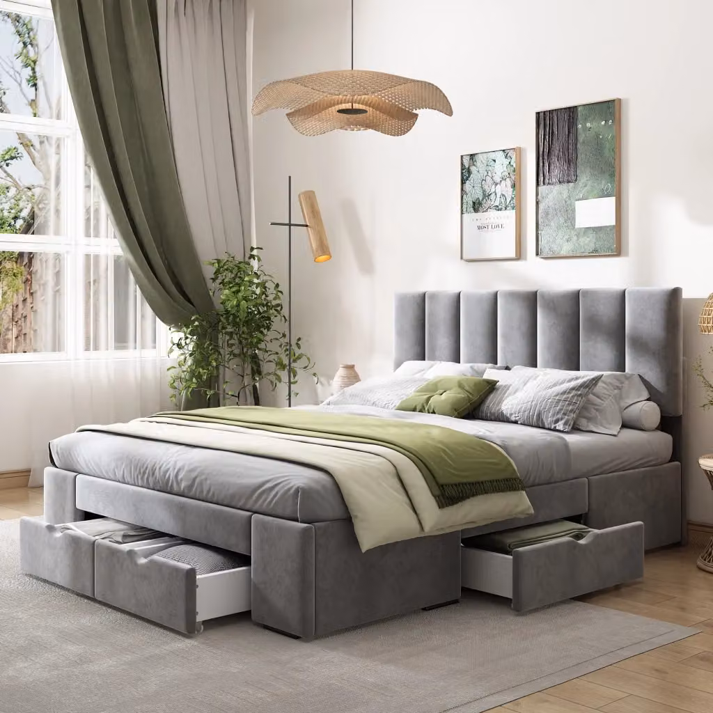 Letto imbottito WISHDOR in velluto grigio con 4 cassetti L/P: 140 x 200 cm – 2