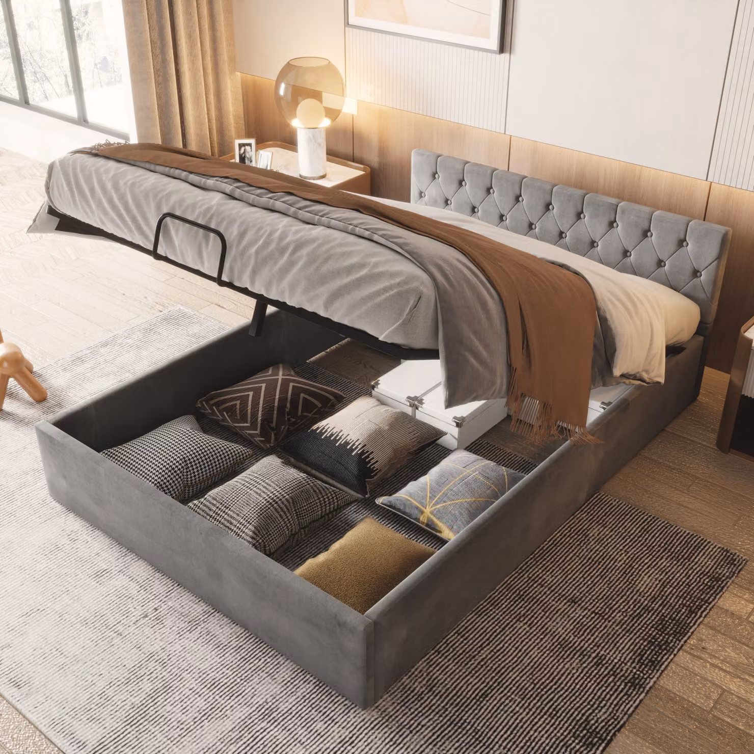 Letto Merax a molle idrauliche 140x200cm con rete, letto imbottito in velluto con rete a doghe e contenitore, letto contenitore funzionale letto matrimoniale, grigio