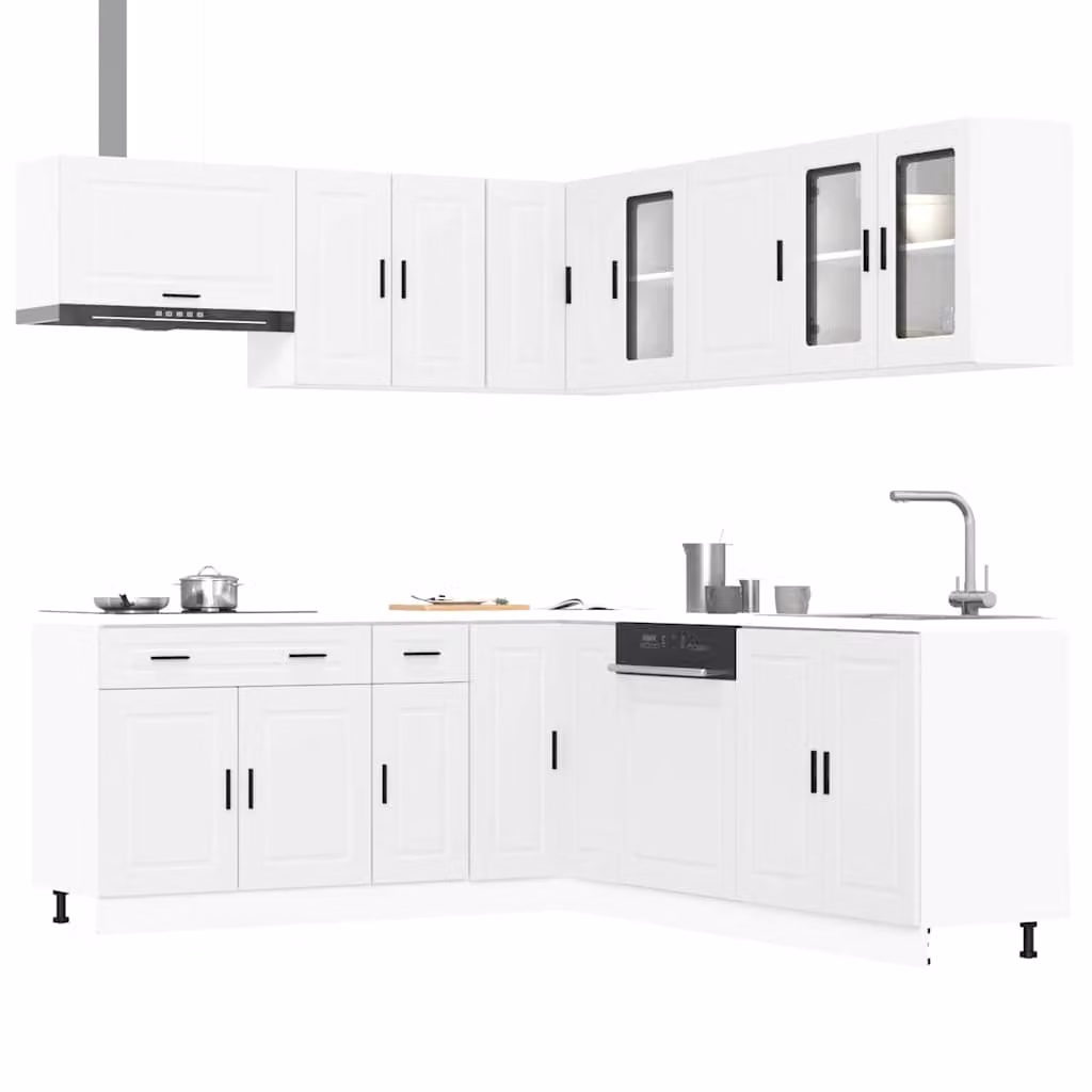 Set di mobili da cucina moderno vidaXL composto da 11 pezzi in legno e vetro, colore bianco opaco