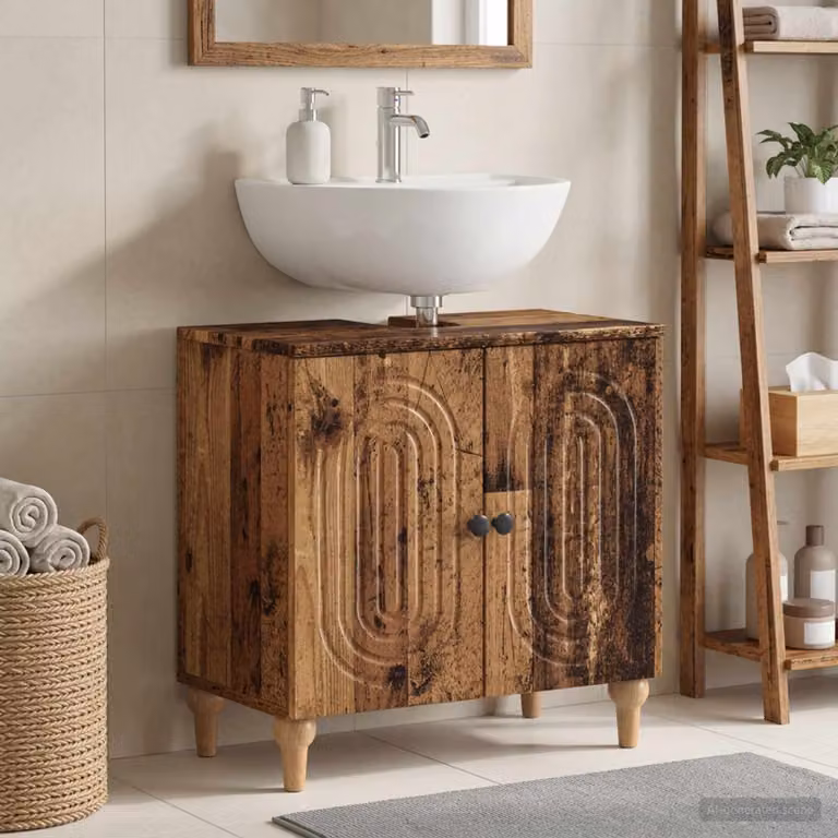 Armadio per lavabo da bagno vidaXL ALKMAAR in legno antico, marrone e nero con ante a battente e ripiani interni