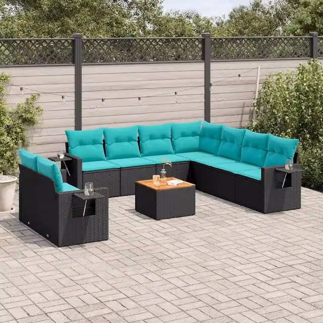 Set Divani da Giardino 10 pz con Cuscini Nero in Polyrattan 3224629