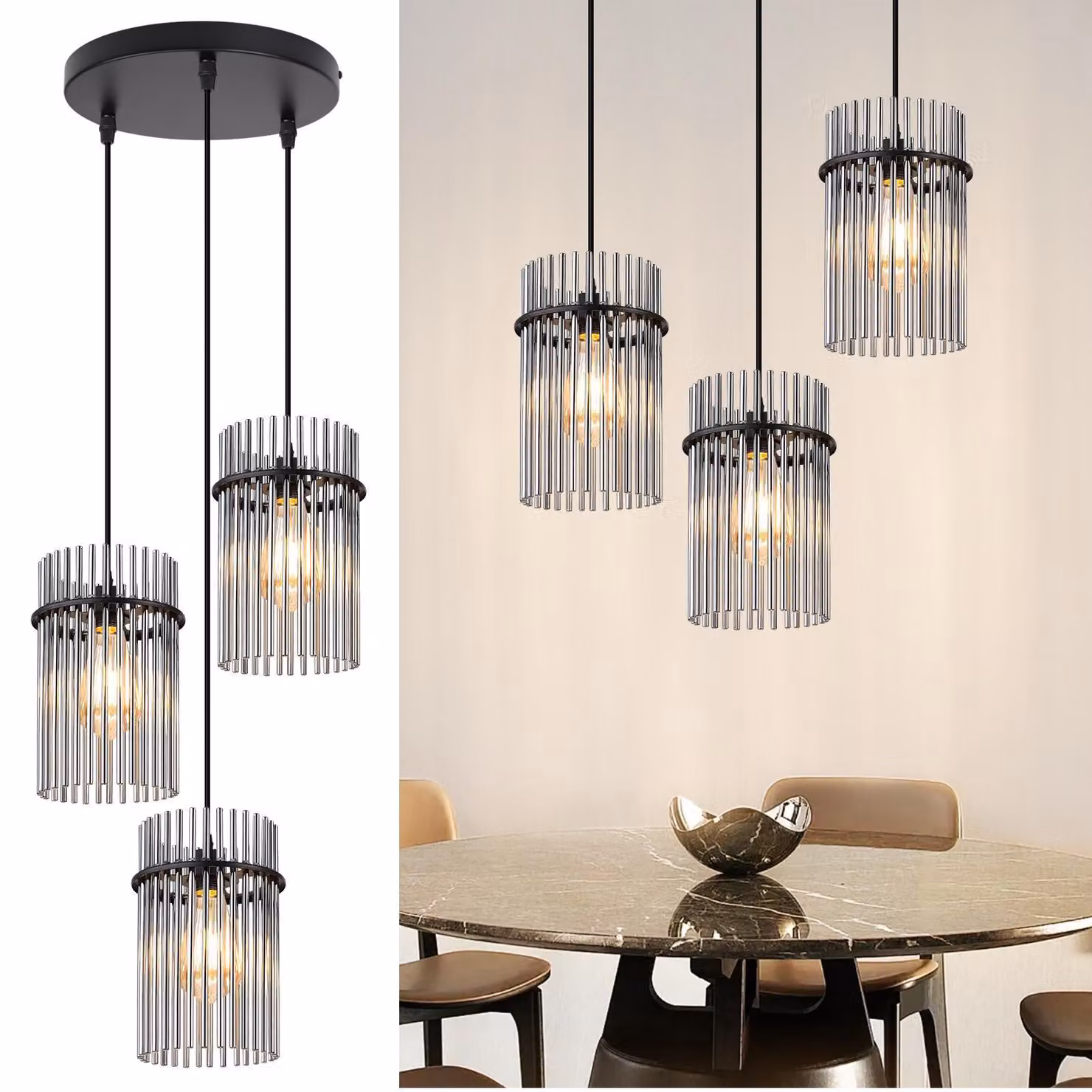 ZMH Lampada a sospensione a 3 fiamme nero - lampada a sospensione tavolo da pranzo rotonda E27 lampada a sospensione paralume in vetro Ø 16 vintage per sala da pranzo cucina soggiorno bar caffè (senza lampadina)