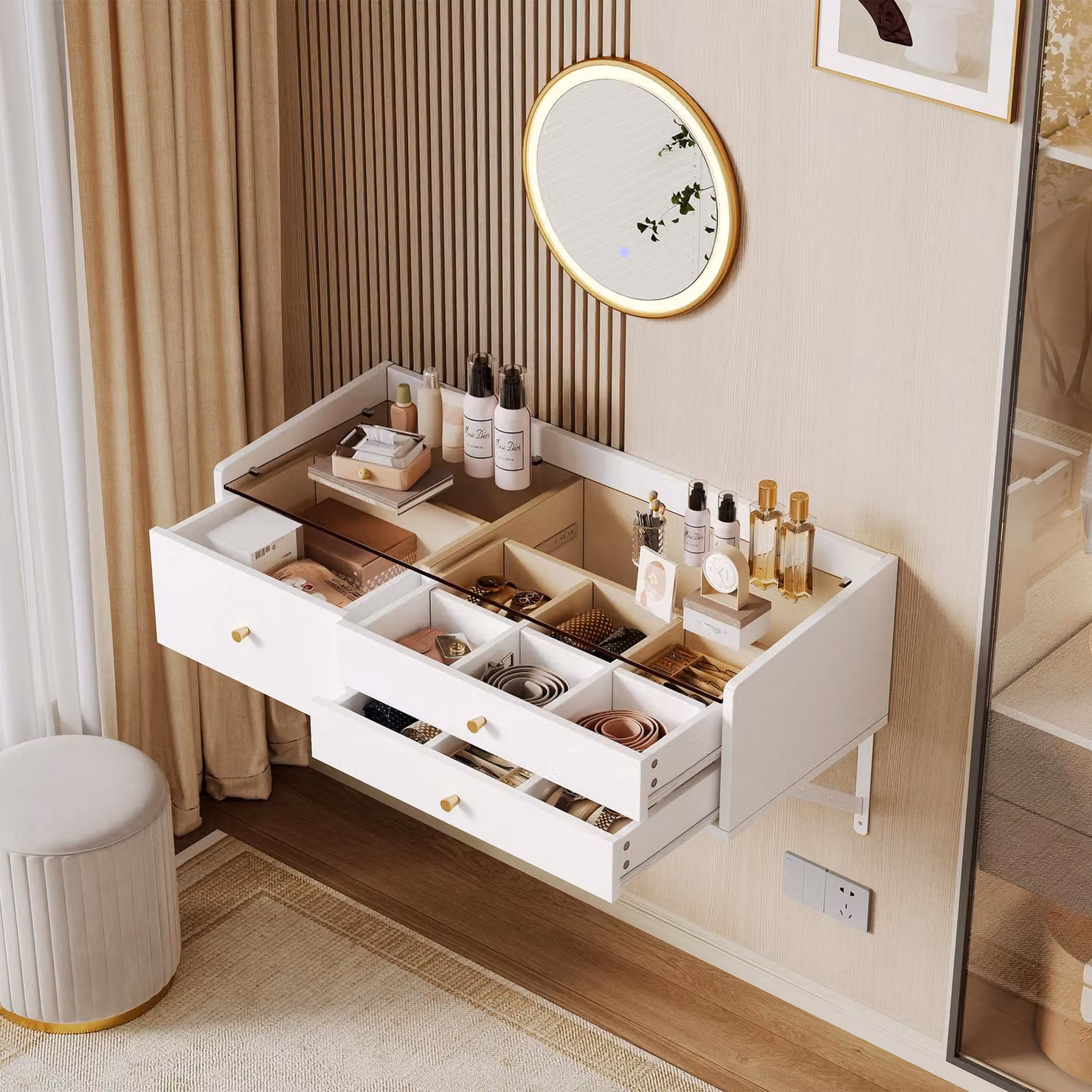 MODFU, tavolino da trucco bianco, da montare a parete, con specchio a LED, comò da trucco con 3 cassetti, tavolino cosmetico con piano in vetro, dimensioni 100 x 40 x 48 cm