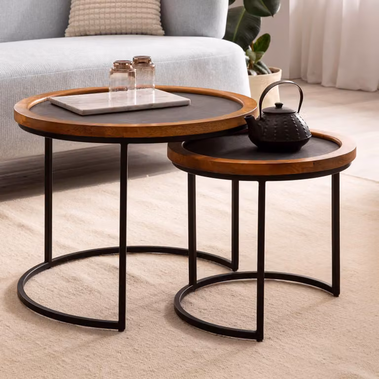 FineBuy set di 2 tavolini da caffè in legno massiccio mango / look pietra tavolo da salotto tavolino rotondo con struttura in metallo tavolino da caffè tavolo da divano moderno