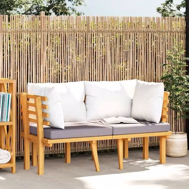 Divano da giardino a 2 posti Design Mania in legno massello di acacia con cuscini bianchi o grigi