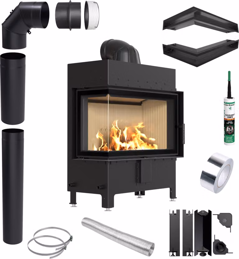 KRATKI LUCY Caminetto ad angolo sinistro Ø200 14 kW Set di installazione Griglia di ventilazione