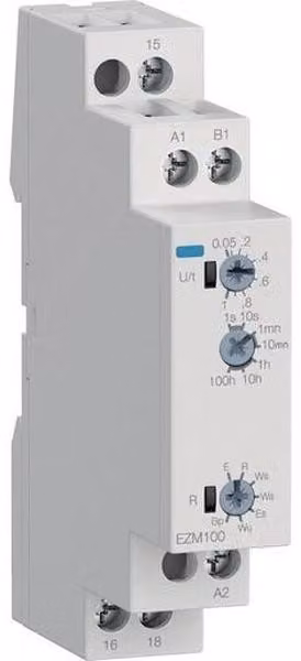 Relè temporizzato multifunzione Hager, 12–240V AC/DC, 8A, 50ms–100h, 1 contatto a scambio, 1TE, confezione da 1 pezzo.