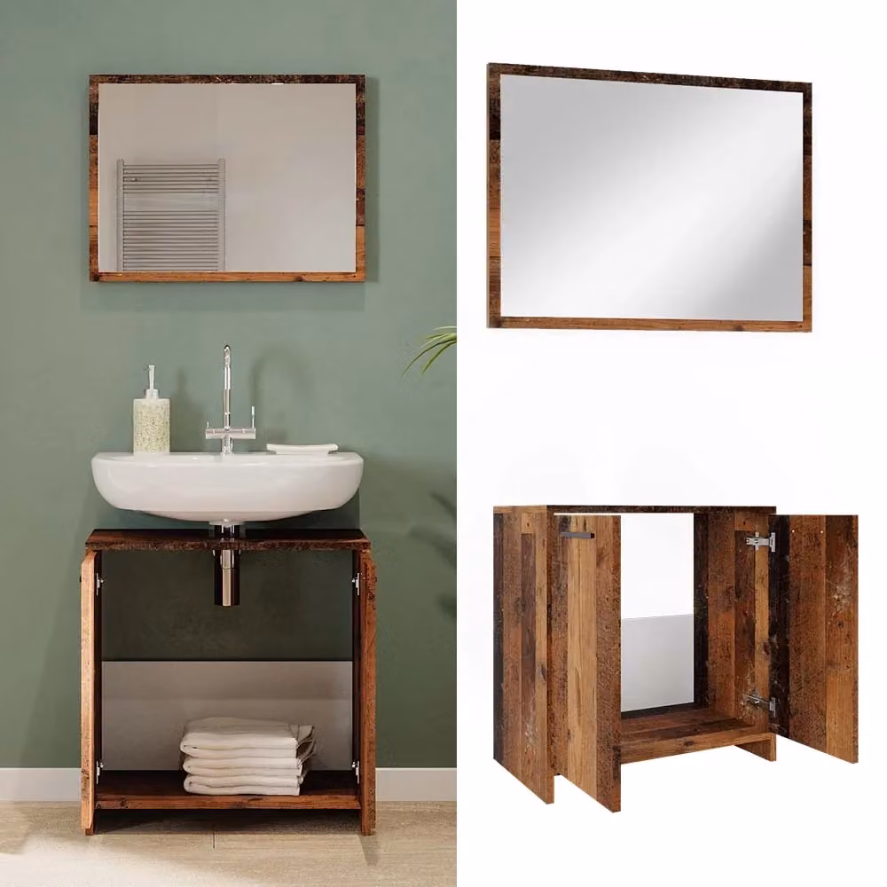 Set mobili bagno Vicco Kiko in rovere rustico marrone composto da base lavabo e pensile specchio – 2