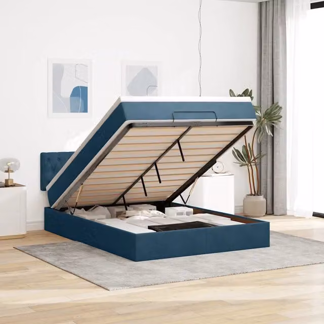 Letto con contenitore a sollevamento vidaXL in velluto blu e bianco L/P/H: 200 x 140 x 88 cm